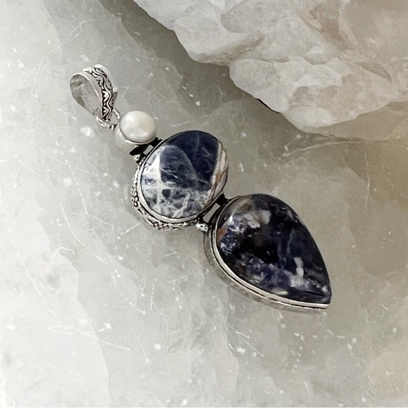 Sterling Silver 925 Sodalite Pendant Handmade Vintage Antique Style New - Picture 2 of 7